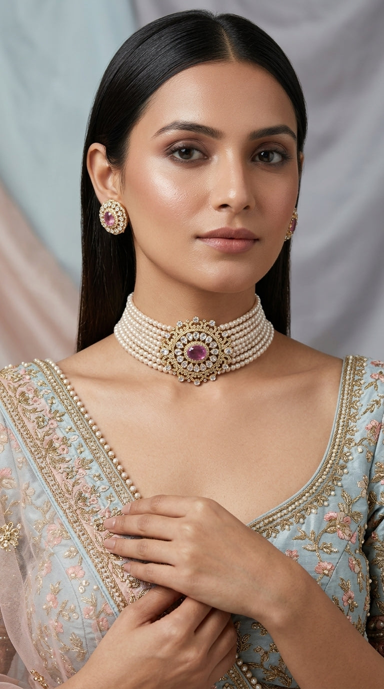 925 Silver Choker Necklace Set with Lab Grown Pink Tourmalines