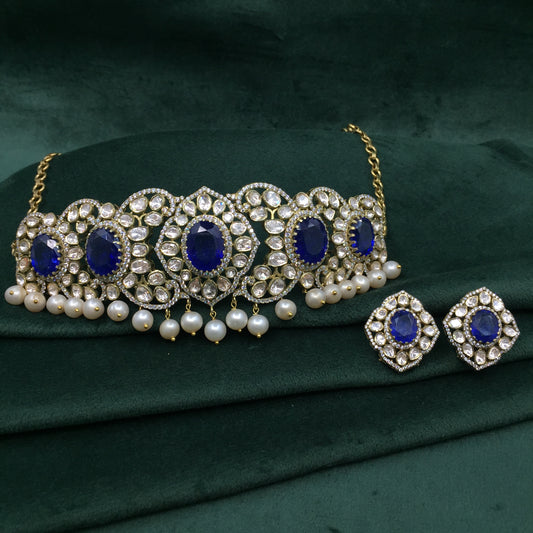 925 Silver Choker Necklace Set with Lab Grown Blue Sapphires