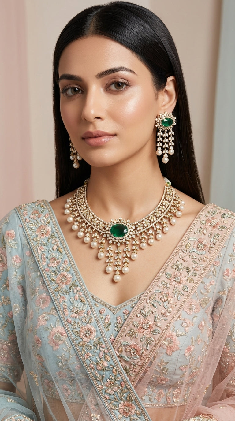 925 Silver Necklace Set with Lab Grown Emeralds