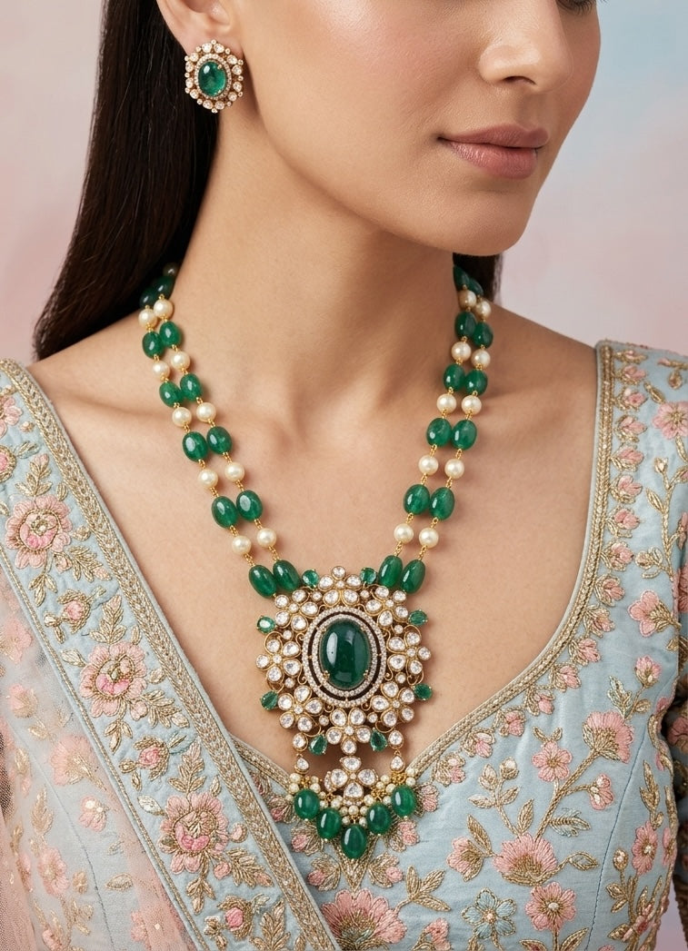 925 Silver Pendant Set with Lab Grown Emeralds