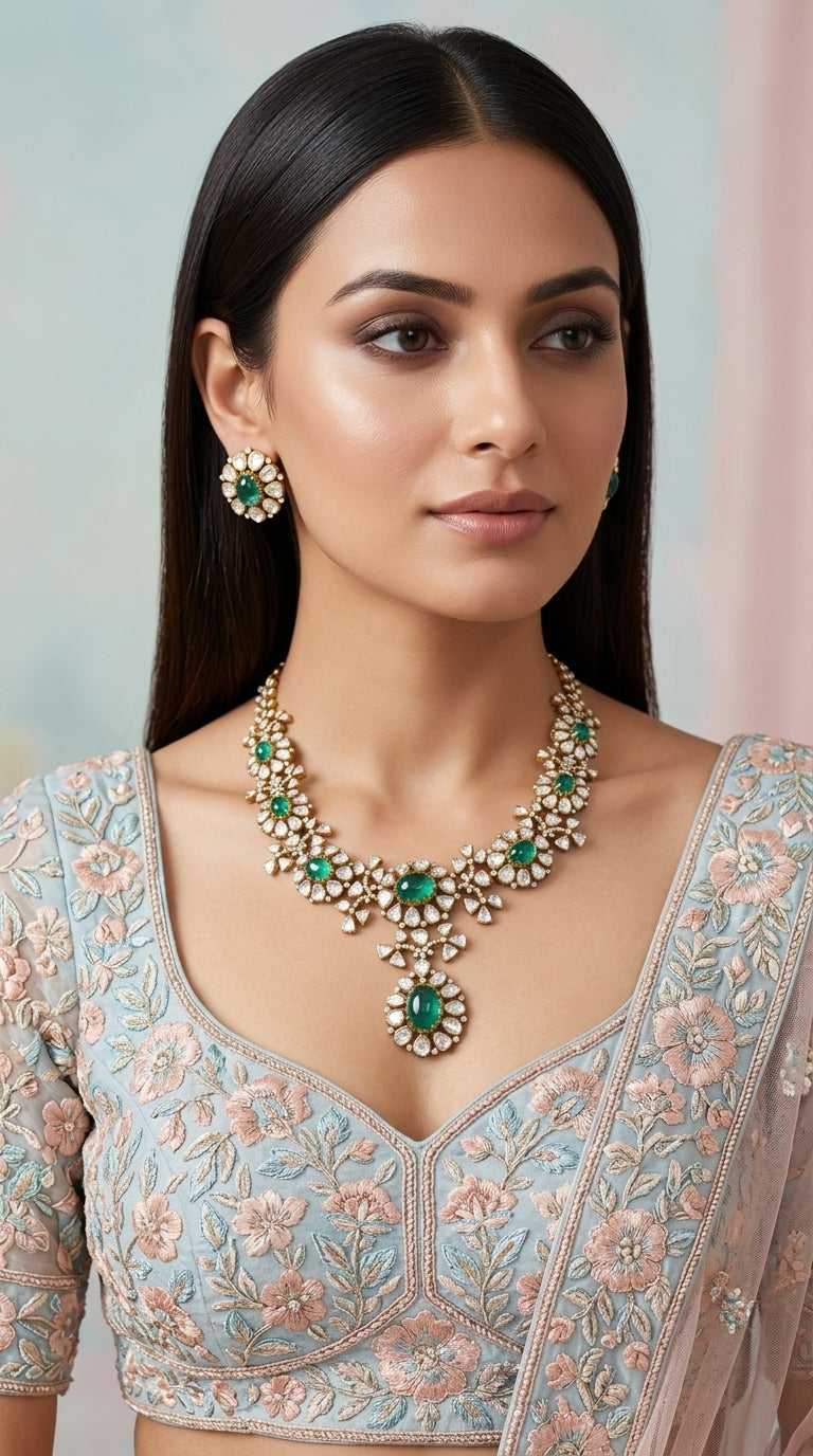 925 Silver Necklace Set with Lab Grown Emeralds
