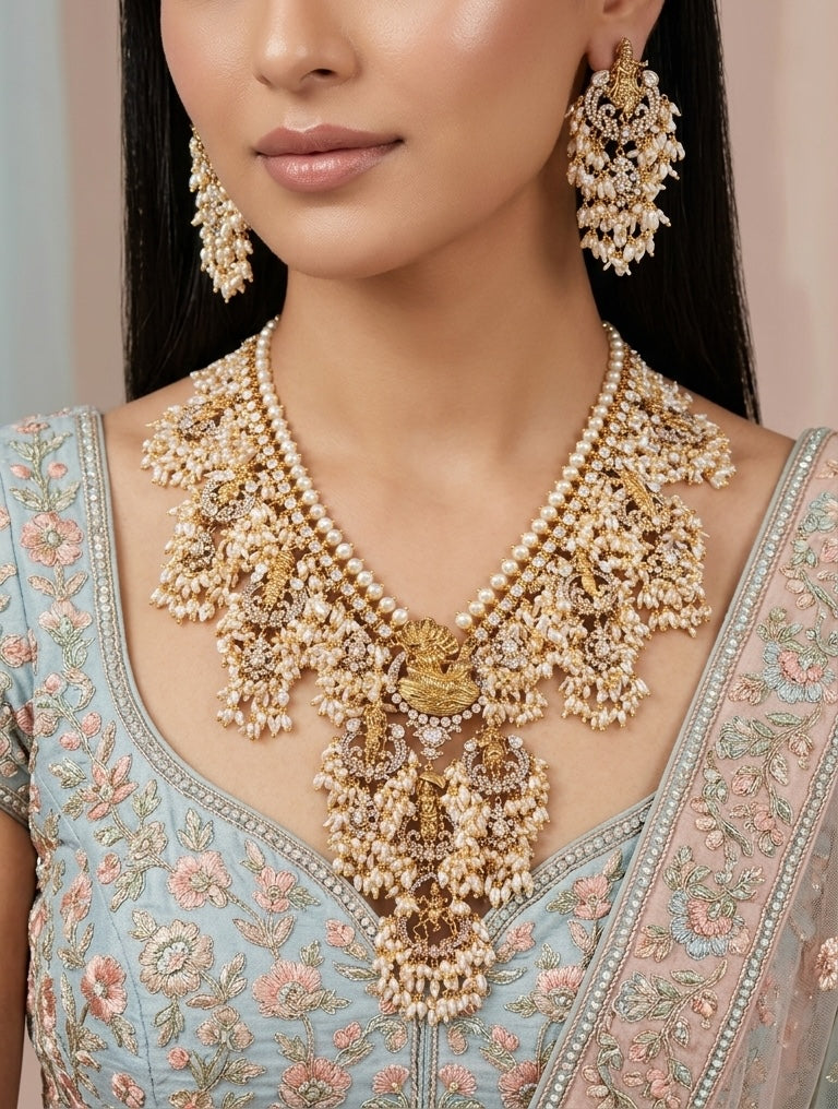 925 Silver temple-style Guttapusalu Necklace Set
