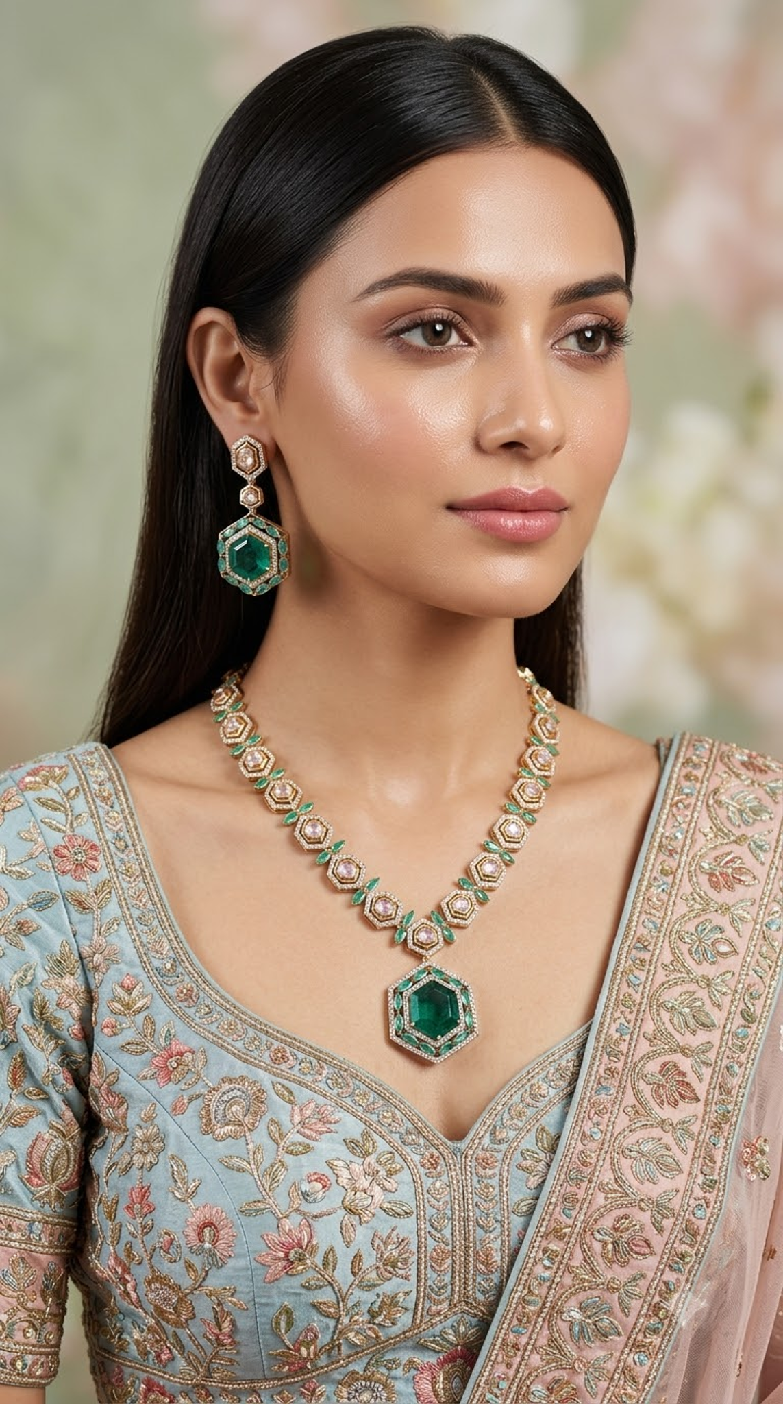 925 Silver Long Necklace Set With Lab Grown Emeralds - G. K. Ratnam