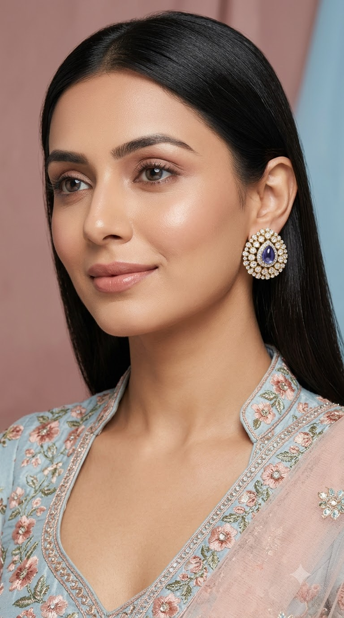 925 Silver Karnfool Earrings With Blue Shappire Lab Grown - G. K. Ratnam
