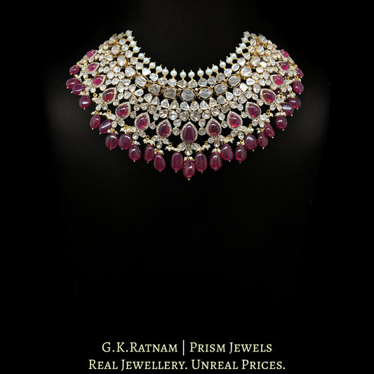 18k Gold and Diamond Polki Open Setting Necklace Set with Rubies and Natural Freshwater Pearls