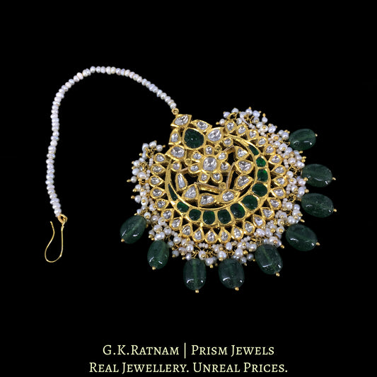 18k Gold and Diamond Polki Maang Tika with Natural Freshwater Pearls and Strawberry Quartz - G. K. Ratnam