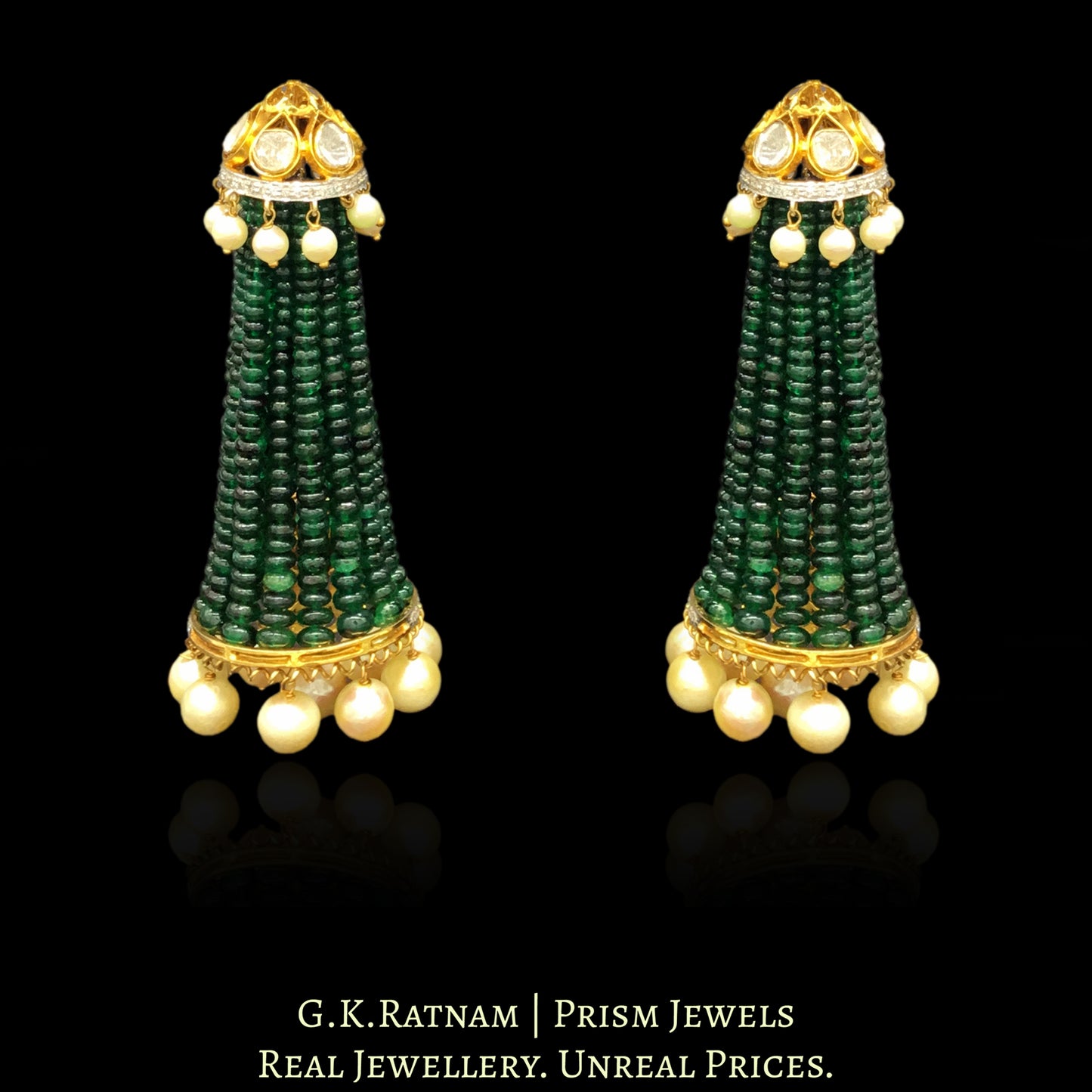 14k Gold and Diamond Polki Open Setting Long Jhumki Earring Pair With Emerald-Grade Green Beryls - G. K. Ratnam