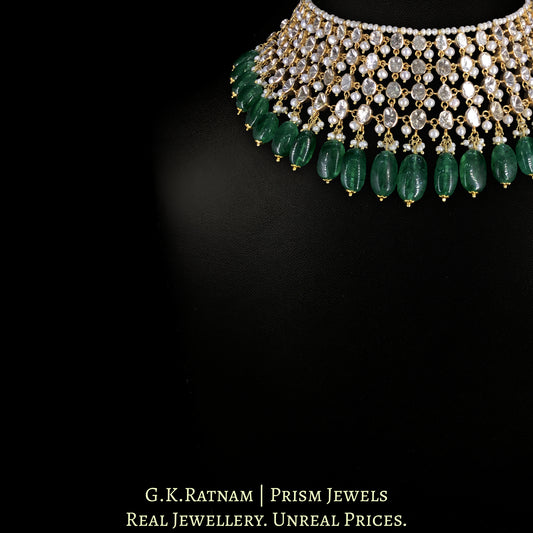 18k Gold and Diamond Polki Open Setting Choker Necklace enhanced with Natural Freshwater Pearls and Green Beryls