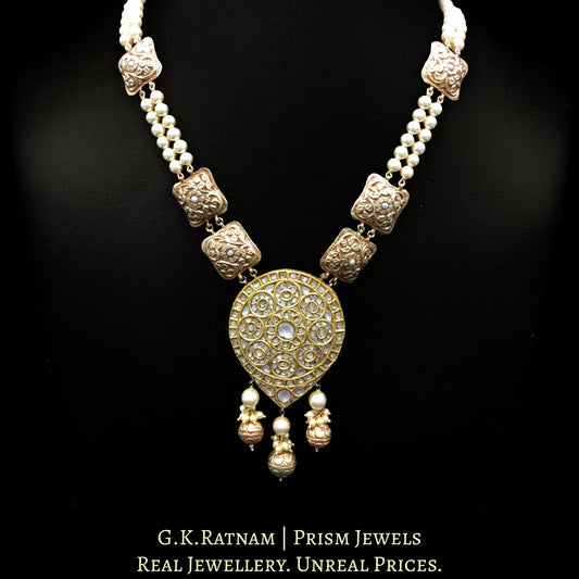 18k Gold and Diamond Polki pear-shaped Pendant strung with pearls and hand-carved golden elements - G. K. Ratnam