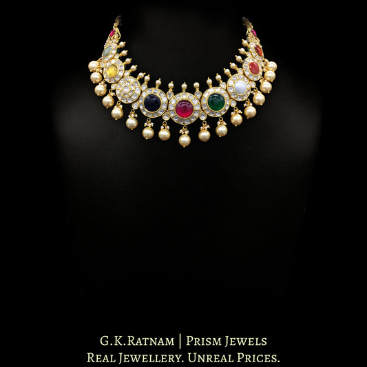 18k Gold and Diamond Polki Navratna Necklace Set with Round-shaped Tikdas - G. K. Ratnam