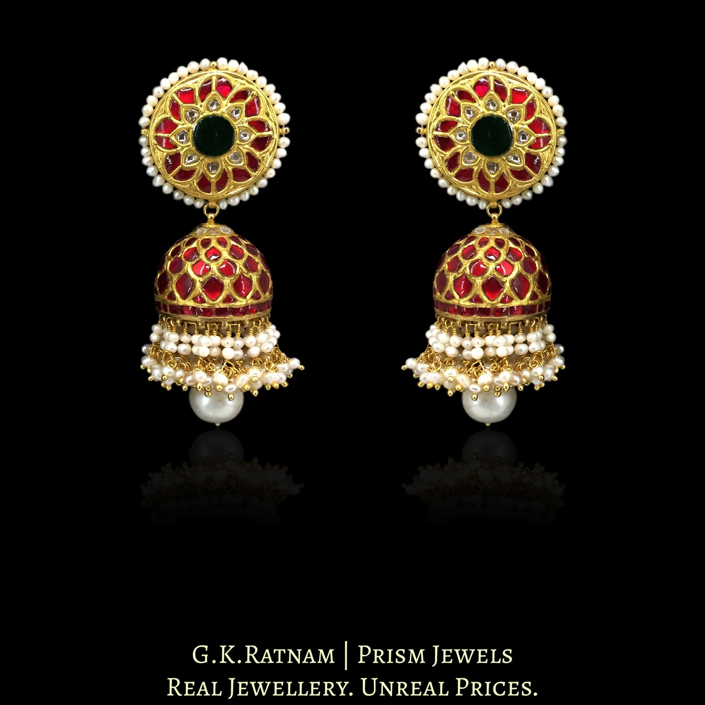 23k Gold and Diamond Polki south-style Jhumki Earring Pair with Natural Freshwater Pearls