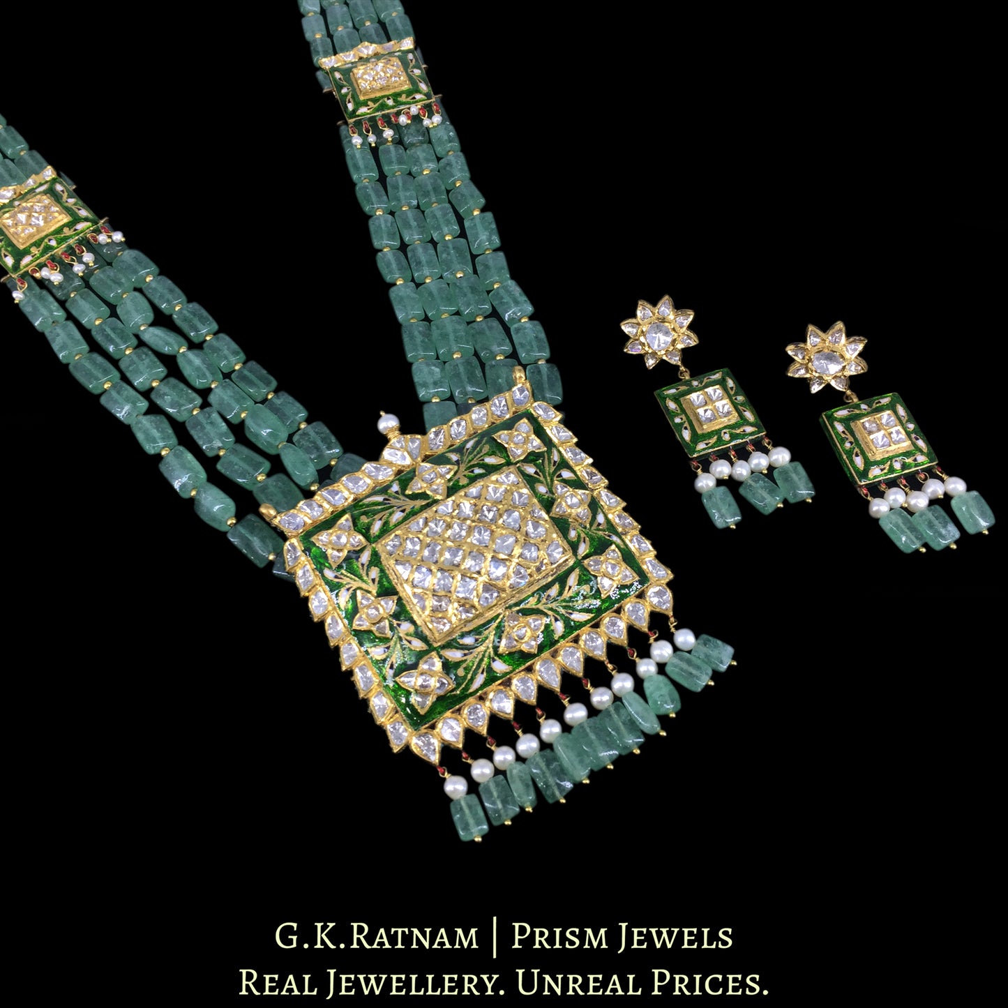 18k Gold and Diamond Polki Pendant Set with Green Meenakari
