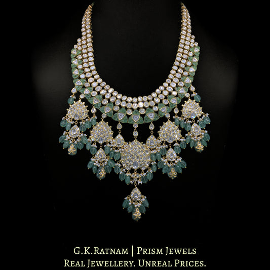 22k Gold and Diamond Polki Long Necklace Set with emerald-green Strawberry Quartz and Hyderabadi Pearls