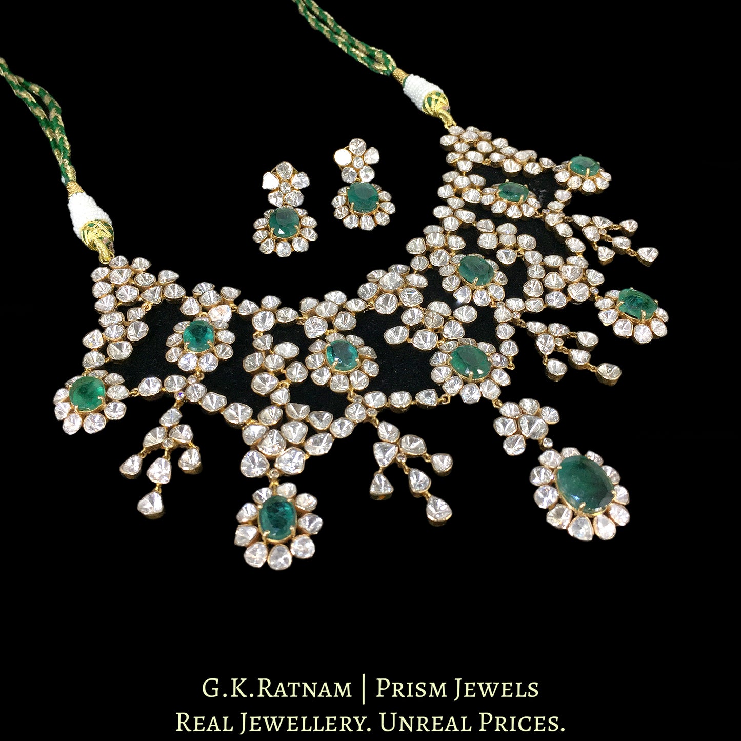 18k Gold and Diamond Polki Open Setting Necklace Set with Natural Emeralds - G. K. Ratnam