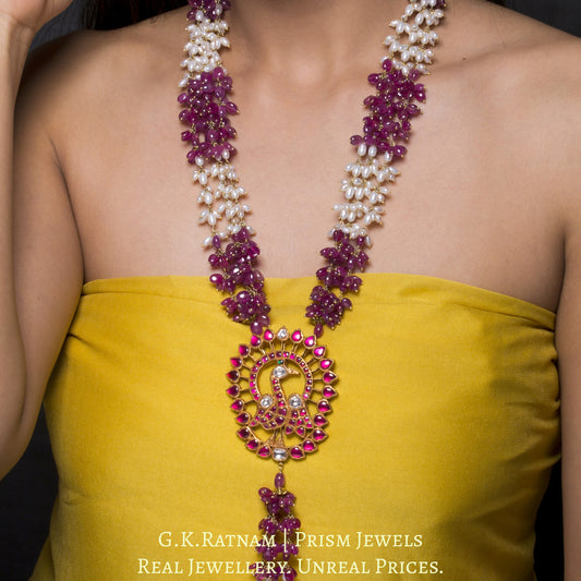 22k Gold and Diamond Polki south-style Peacock Pendant with Natural Rubies and Freshwater Pearls - G. K. Ratnam