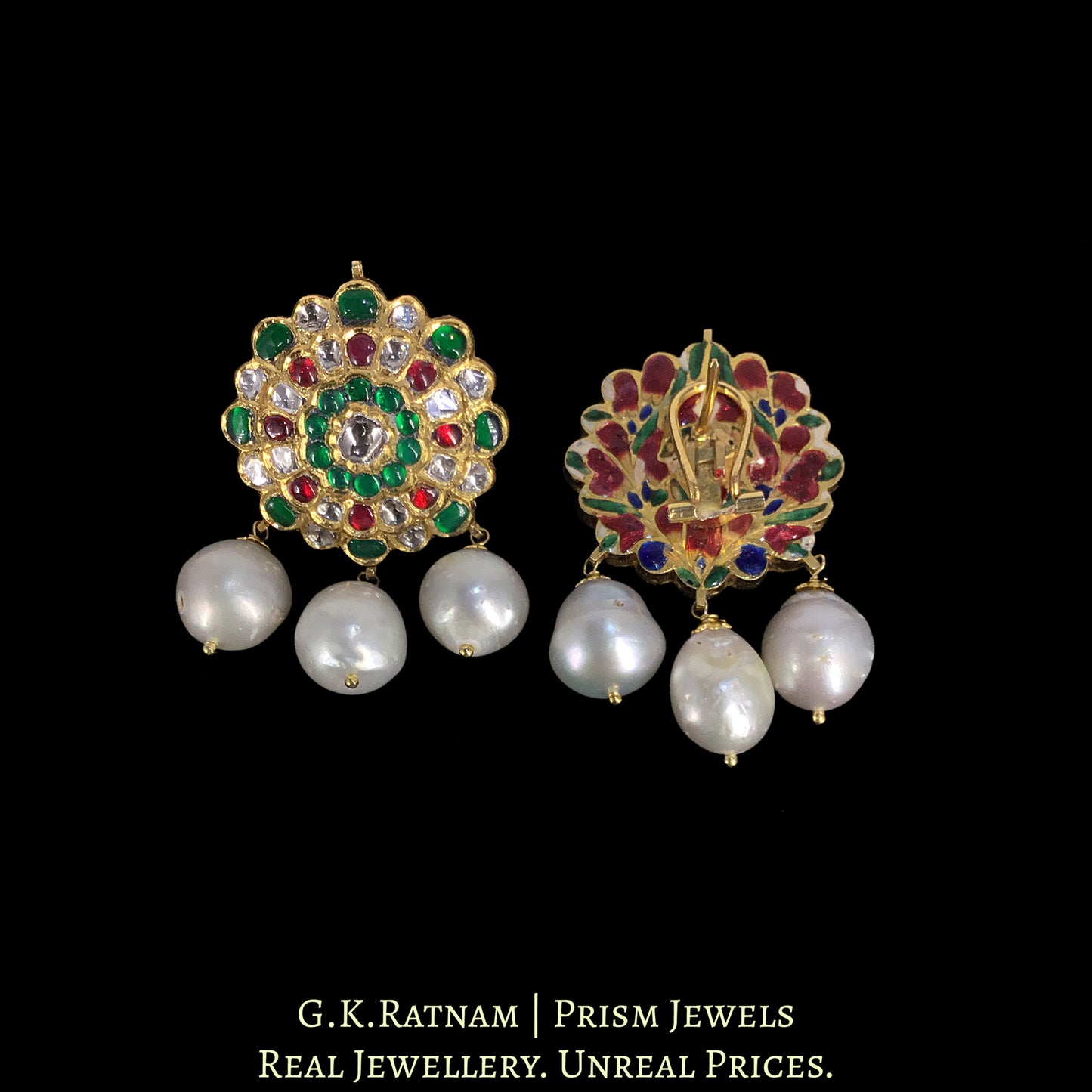 18k Gold and Diamond Polki south-style Karanphool Earring Pair with Rubies and Emeralds