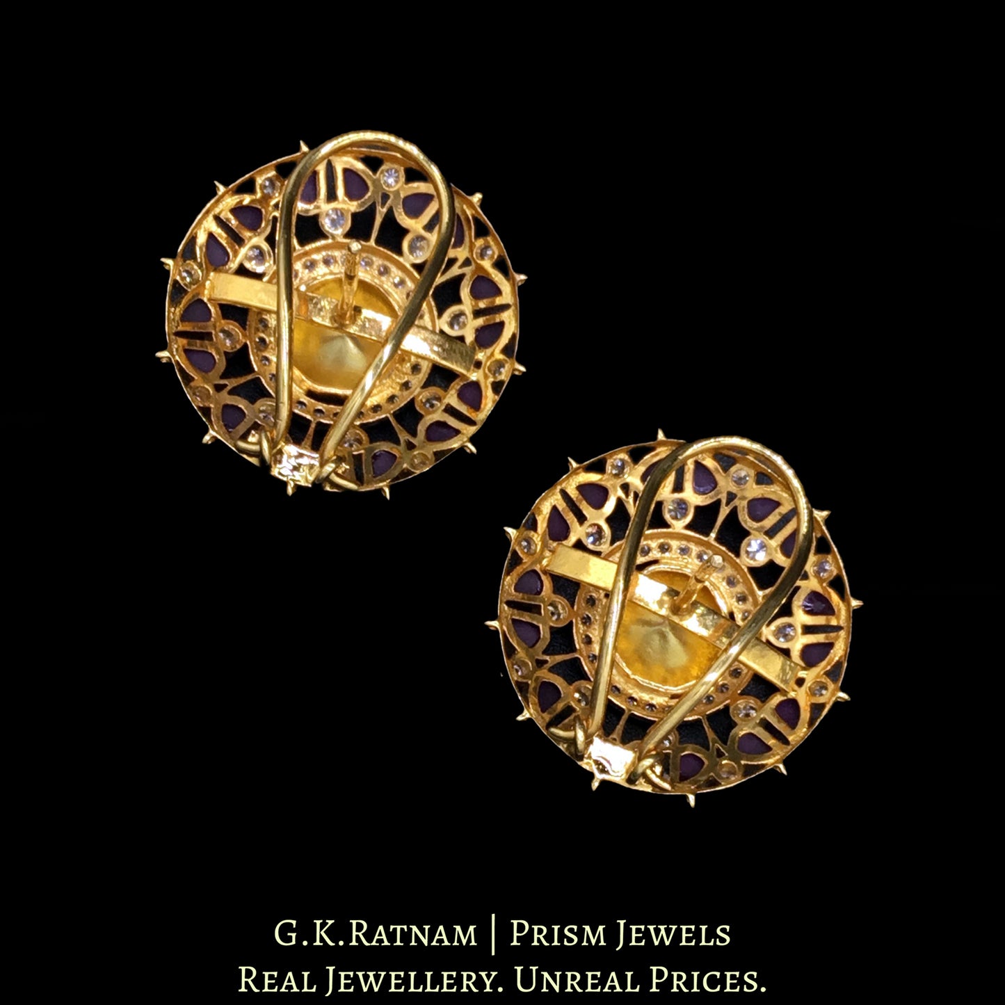 14k Gold and Diamond Polki Open Setting Tops / Studs Earring Pair with Pink Rubies