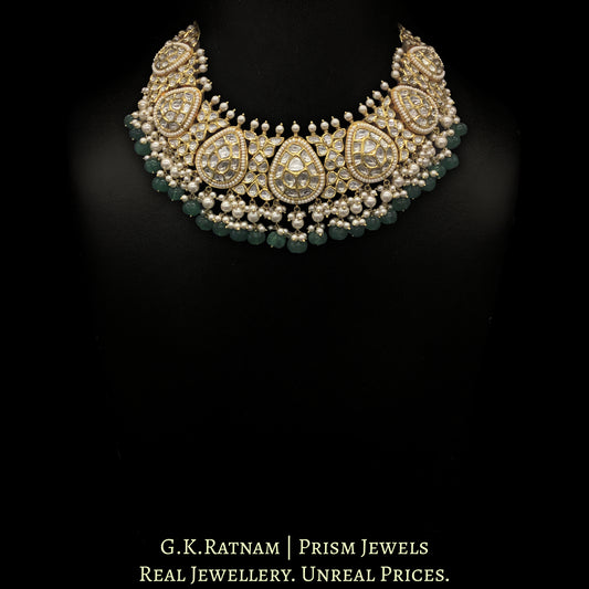 18k Gold and Diamond Polki Necklace Set With Pearls and emerald-green Carved Melons - G. K. Ratnam