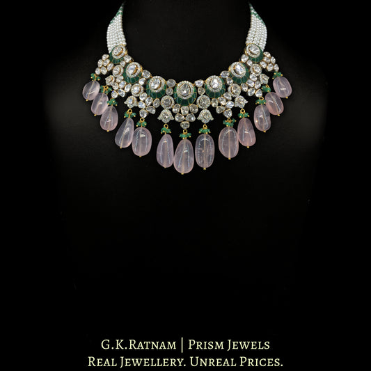 14k Gold and Diamond Polki Open Setting Necklace Set with Rose Quartz - G. K. Ratnam