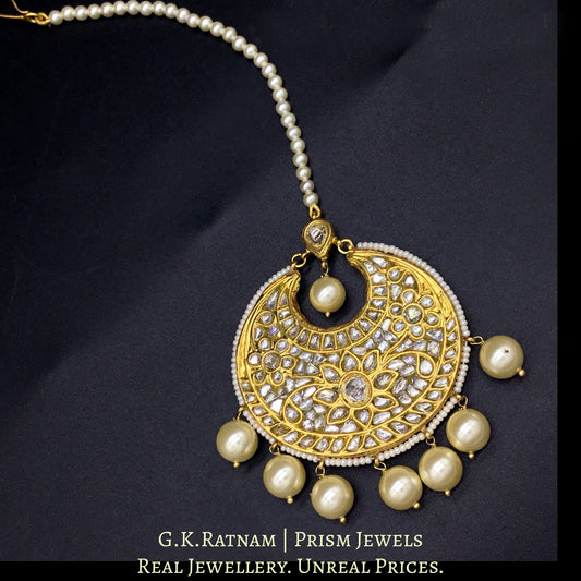 23k Gold and Diamond Polki Maang Tika enhanced with triple-coated shell pearls