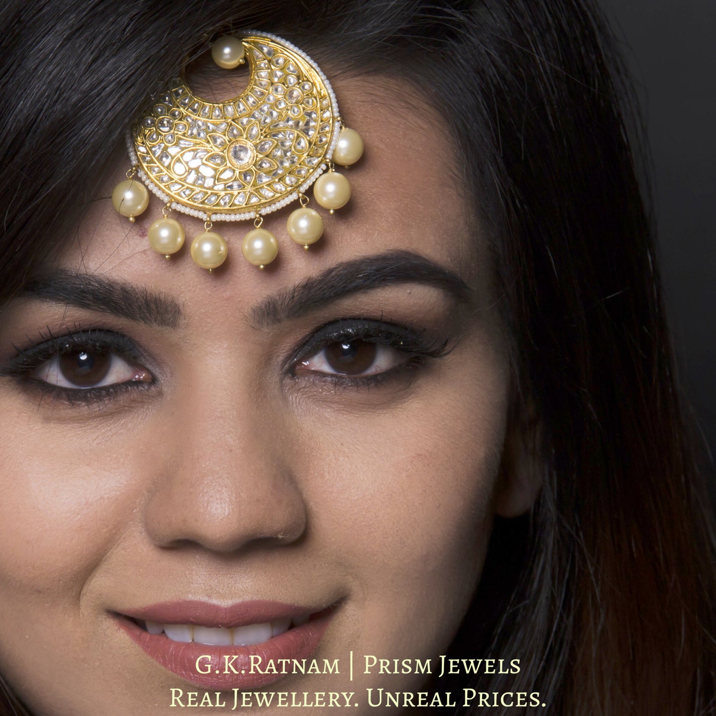 23k Gold and Diamond Polki Maang Tika enhanced with triple-coated shell pearls