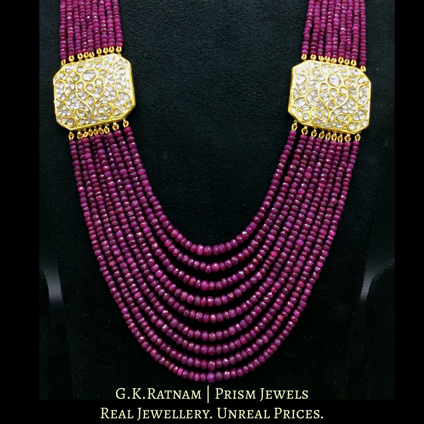 23k Gold and Diamond Polki Broach Necklace with Octagonal tikdas strung in ruby cut beads