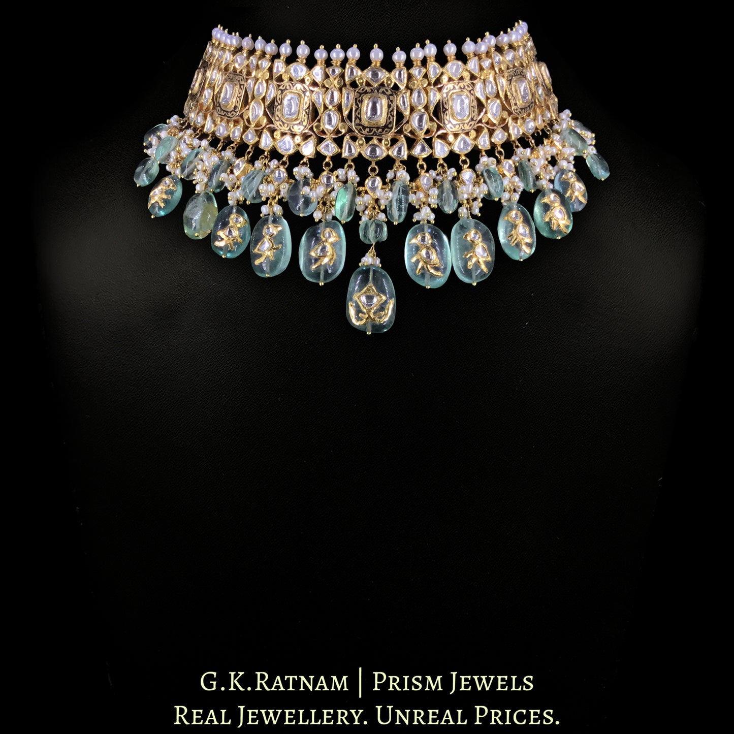 18k Gold and Diamond Polki Choker Necklace strung in Fluorites with intricately set Polkies