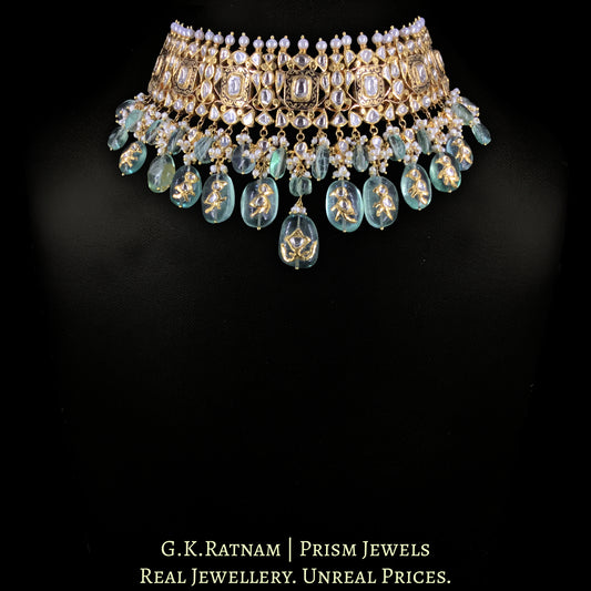 18k Gold and Diamond Polki Choker Necklace strung in Fluorites with intricately set Polkies