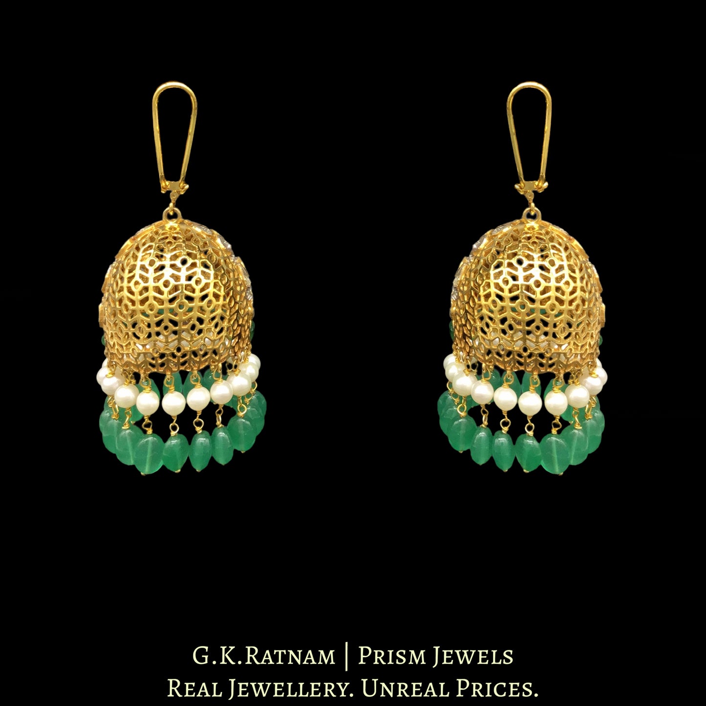 14K Gold and Diamond Polki Open Setting Jhumki Earrings with emerald-green stones