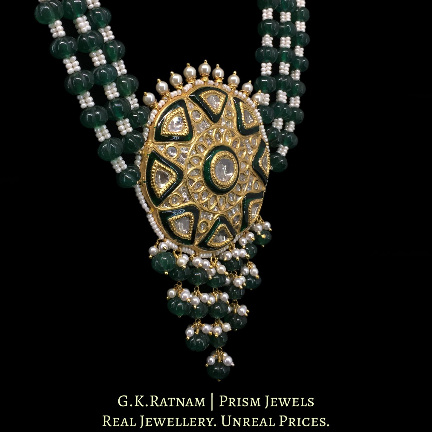 23k Gold and Diamond Polki Pendant Set with emerald-green Beryls - G. K. Ratnam