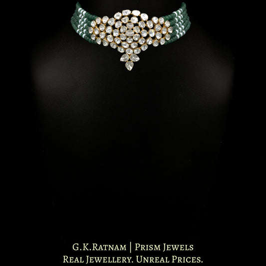 18k Gold and Diamond Polki Open Setting Choker Necklace Set with emerald-green Strawberry Quartz - G. K. Ratnam