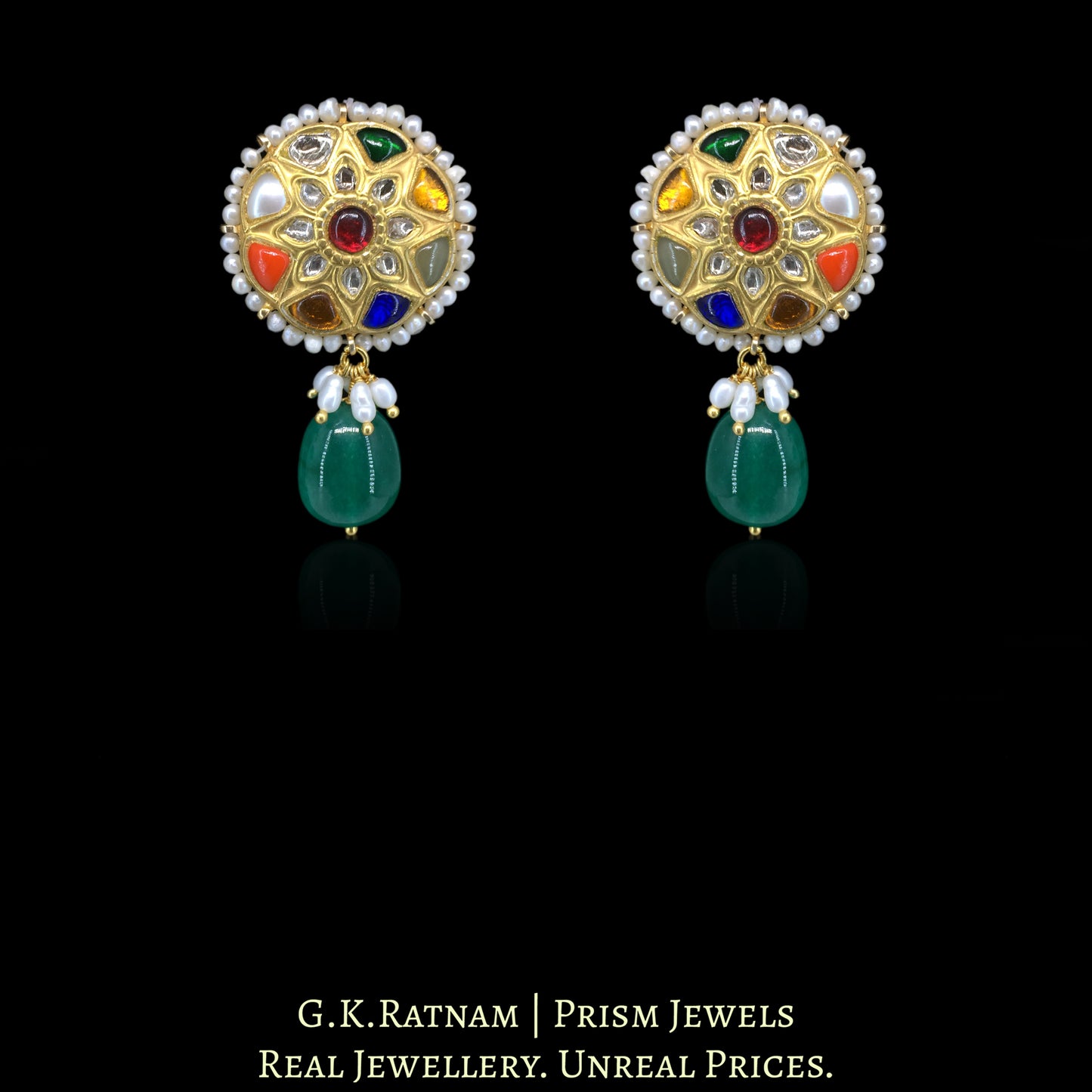 23k Gold and Diamond Polki Navratna Pendant Set with Green Strawberry Quartz
