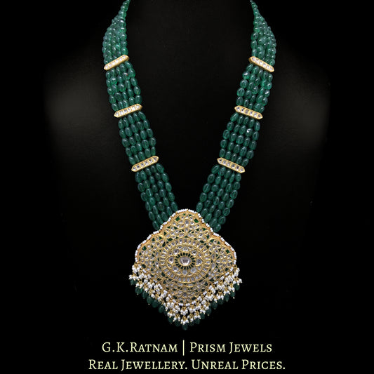 23k Gold and Diamond Polki Pendant Set strung with emerald-green Strawberry Quartz Maniya - G. K. Ratnam