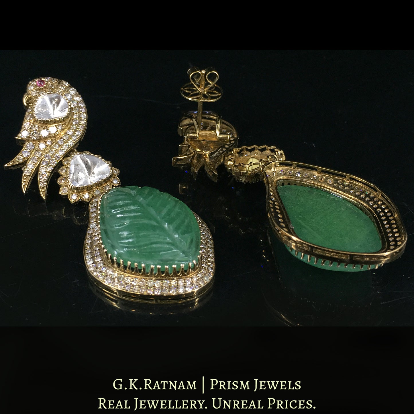 14K Gold and Diamond Polki Open Setting victorian-finish Long Earring Pair with emerald-grade carved Strawberry Quartz