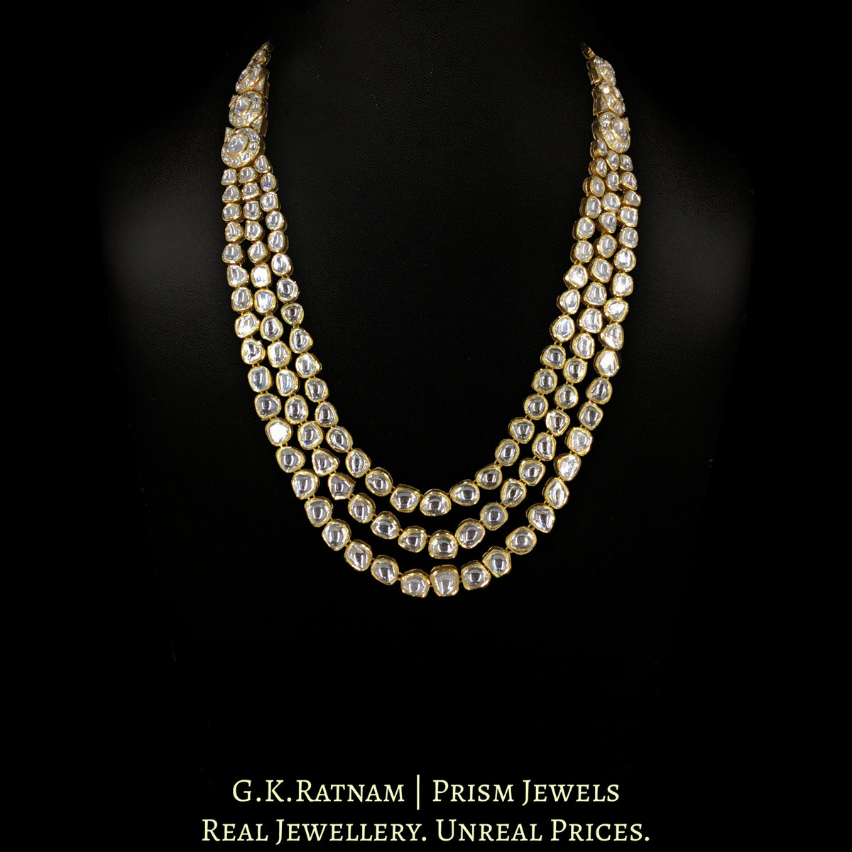 18k Gold and Diamond Polki three liner Long Necklace Set with mix