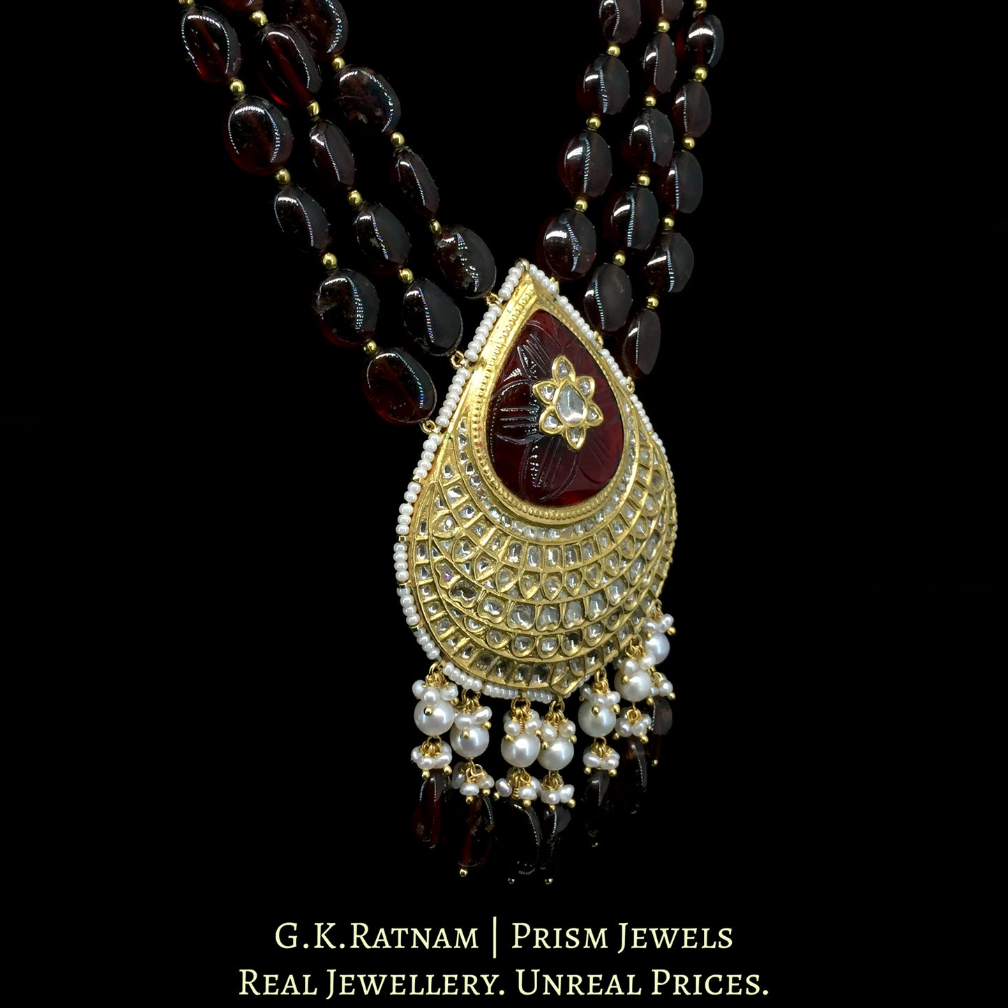 23k Gold and Diamond Polki Pendant Set strung with Hessonites