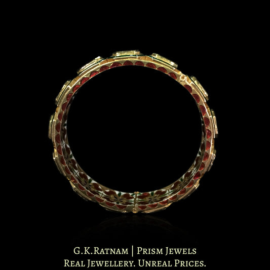 18k Gold and Diamond Polki Bangle with Green Meenakari and Floral Motifs - G. K. Ratnam