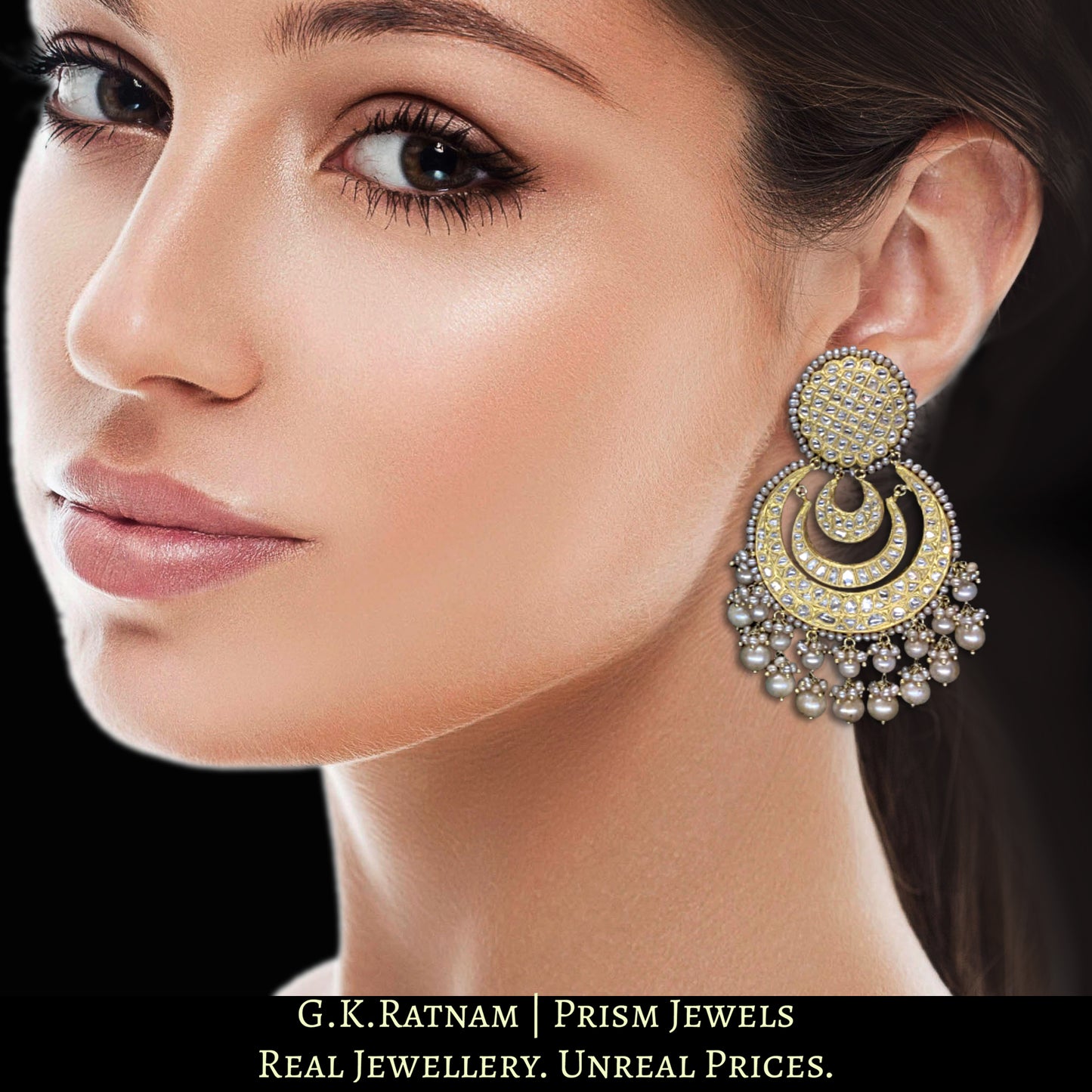23k Gold and Diamond Polki multi-tier Chand Bali Earring Pair with Antiqued Hyderabadi Pearls