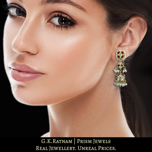 23k Gold and Diamond Polki Small Red Jhumki Earring Pair