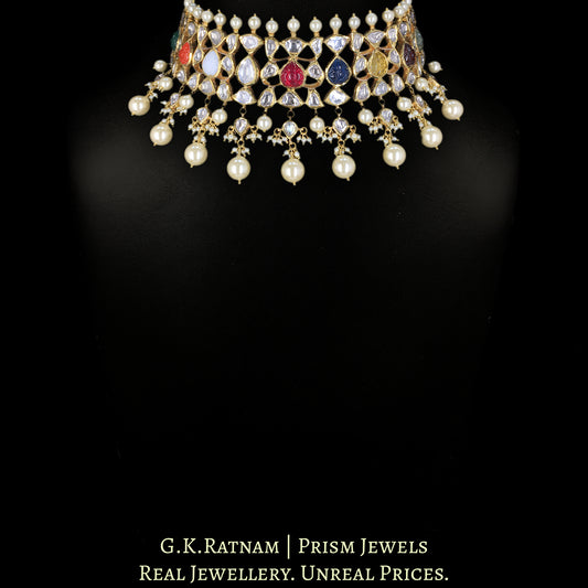 18k Gold and Diamond Polki Navratna Choker Necklace Set