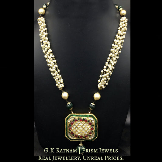 23k Gold and Diamond Polki octagonal colorful Pendant with Pearl Chains