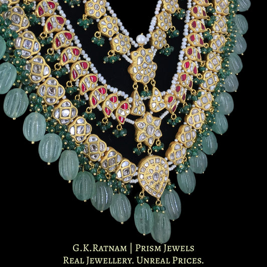 23k Gold and Diamond Polki three-line Necklace with hand-carved Strawberry Quartz Melons - G. K. Ratnam