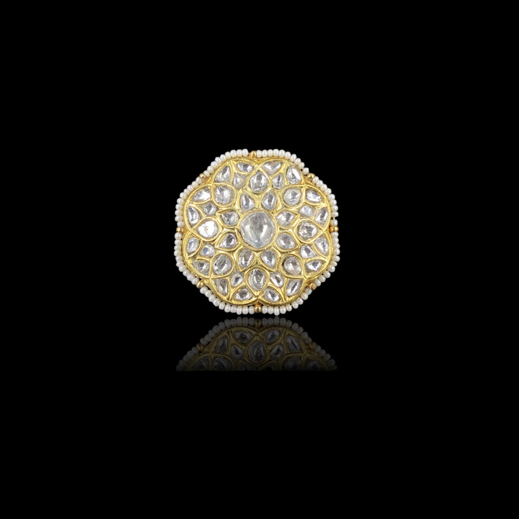 23k Gold And Diamond Polki Floral Ring outlined by Chid Pearls