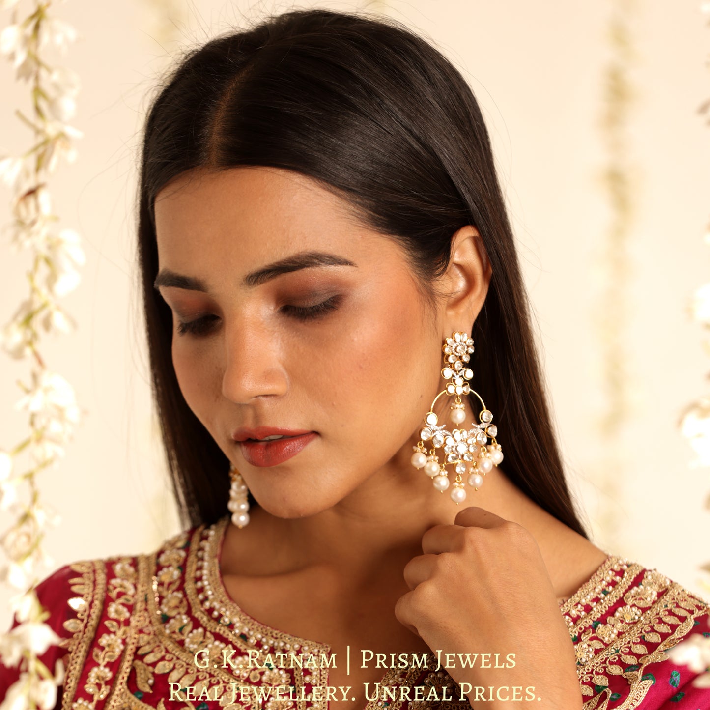 14k Gold and Diamond Polki Open Setting Chand Bali Earring Pair with Natural Freshwater Pearls - G. K. Ratnam