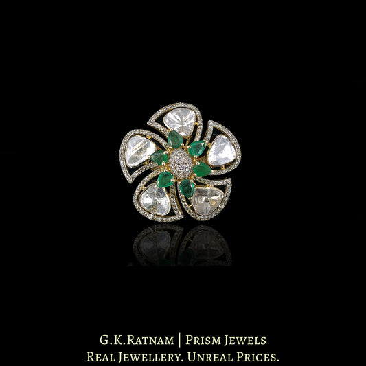14k Gold and Diamond Polki Open Setting floral Ring with Natural Emeralds - G. K. Ratnam