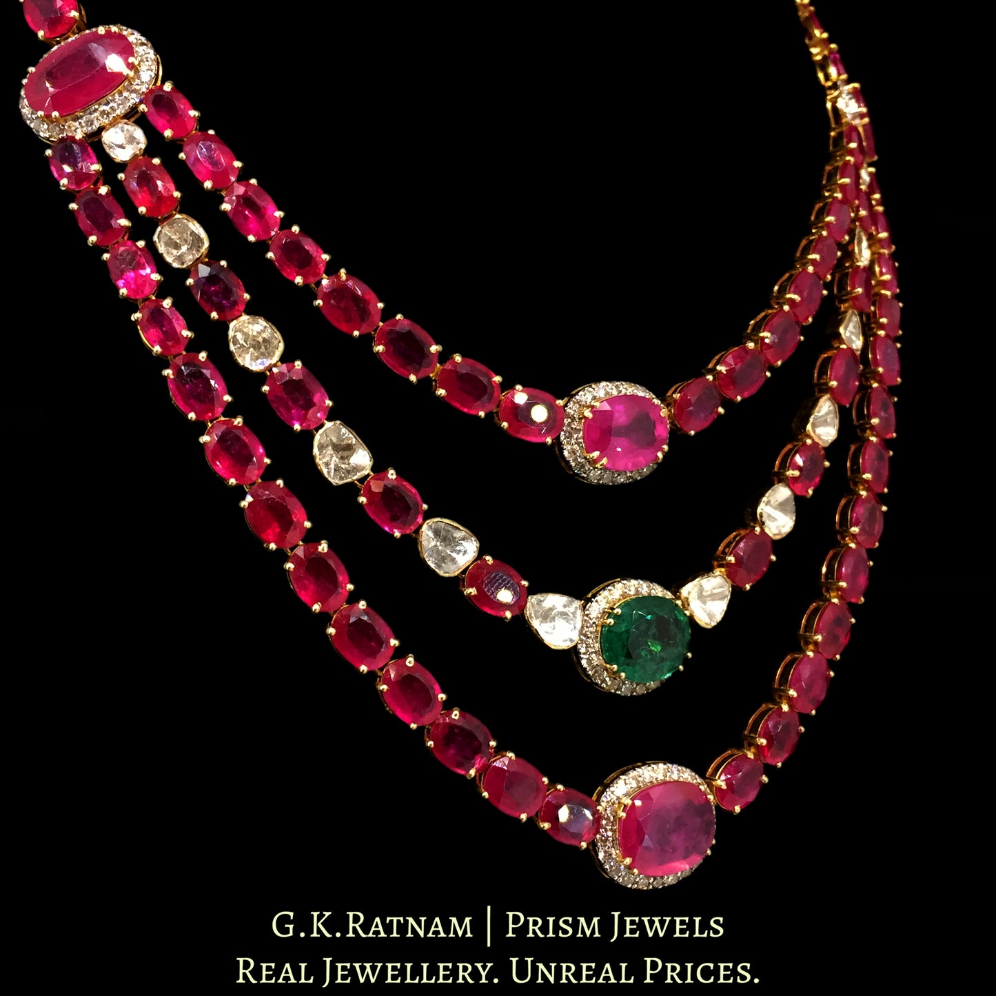 18k Gold and Diamond Polki Open Setting Necklace Set with Rubies