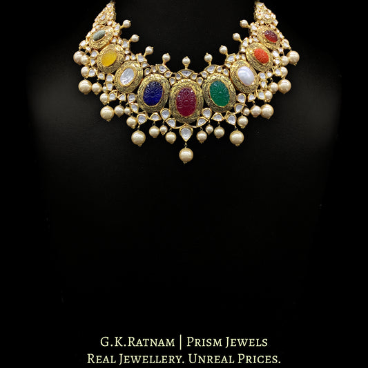 18k Gold and Diamond Polki Navratna Necklace Set with intricate goldwork around Navratan Carved Stones - G. K. Ratnam