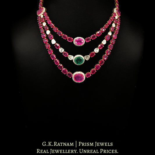 18k Gold and Diamond Polki Open Setting Necklace Set with Rubies