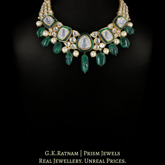 18k Gold and Diamond Polki Necklace with emerald-grade chunky Beryl Hangings