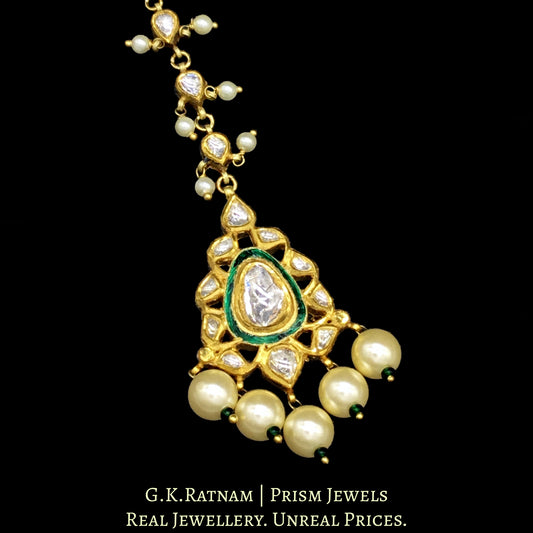 18k Gold and Diamond Polki Green Enamel Maang Tika